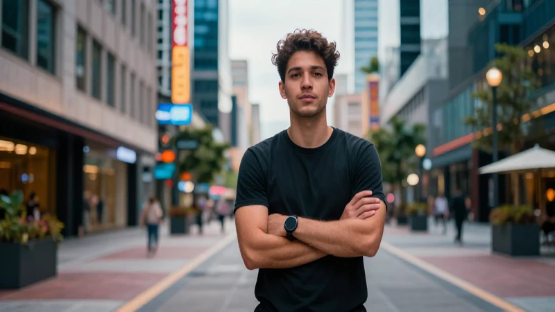 Plaza urbana moderna con un joven confiado