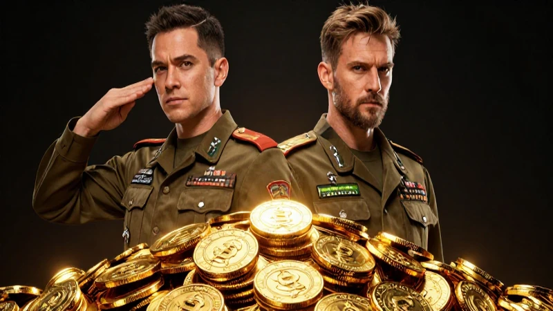 Portada cinematográfica de acción con figuras militares y oro brillante