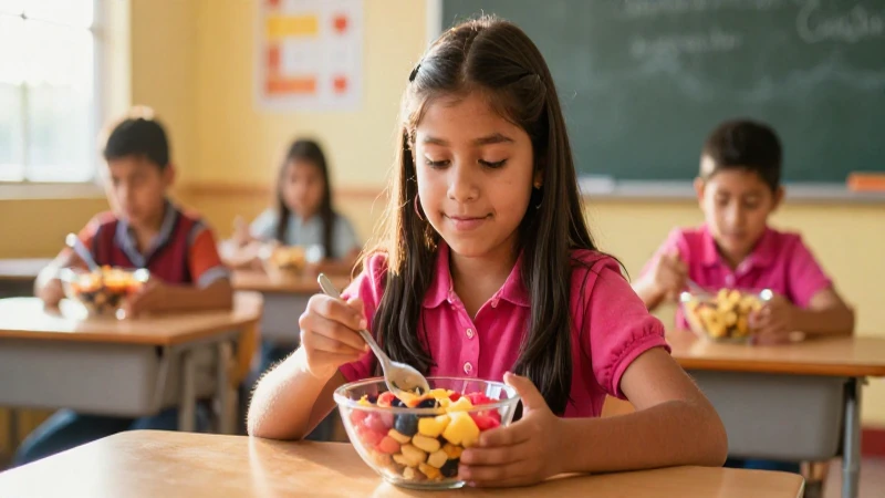 Estudiante mexicano con desayuno en aula