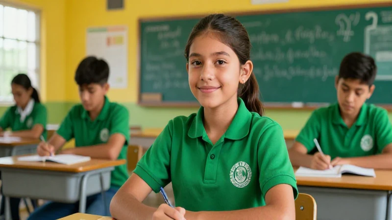 Estudiante mexicano vibrante, uniforme verde moderno