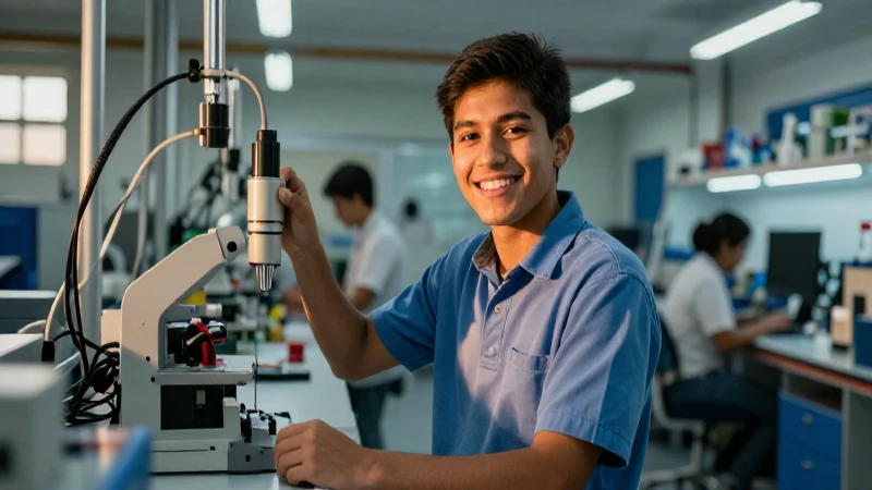 Joven mexicano sonríe en taller moderno y brillante