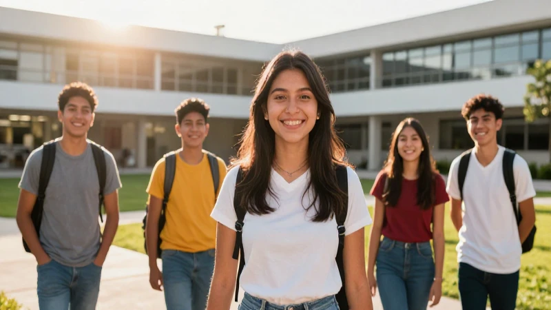 Estudiantes mexicanos sonrientes en campus moderno