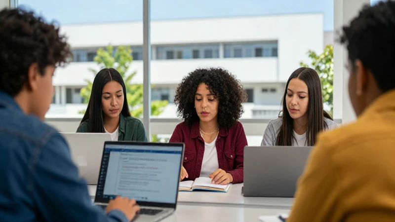 Estudiantes mexicanos con tecnología en aula moderna
