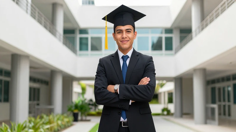 Joven graduado mexicano profesional en campus moderno