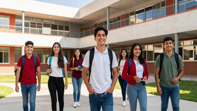 Jóvenes mexicanos universitarios en campus moderno