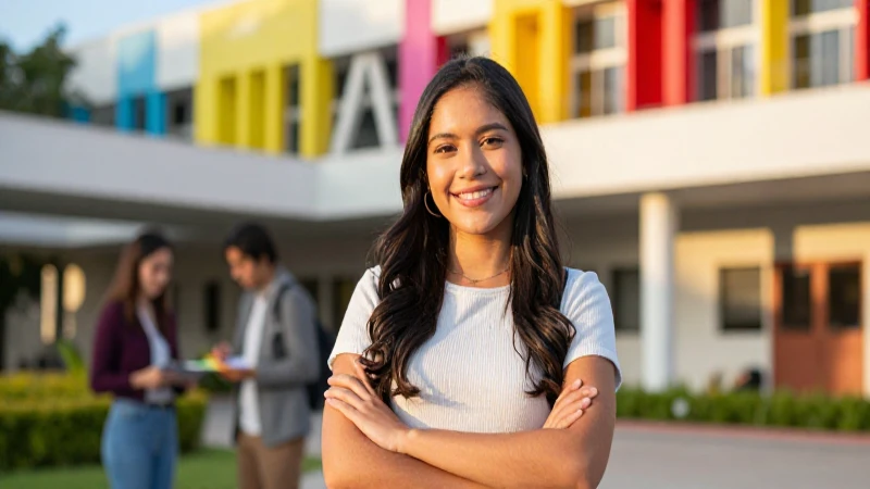 Estudiante mexicano sonríe en moderno campus