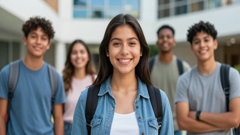 Joven mexicana sonríe en campus moderno