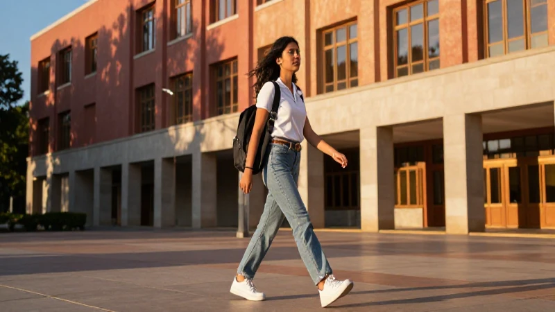 Estudiante mexicana camina con confianza en el campus