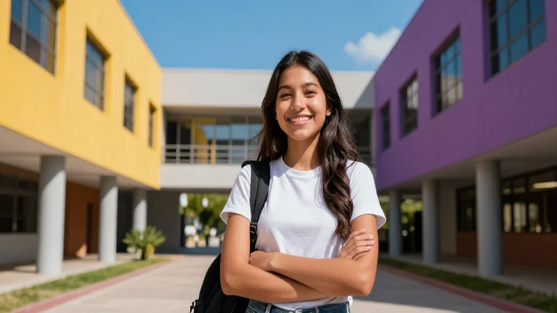 Estudiante mexicano optimista en campus moderno