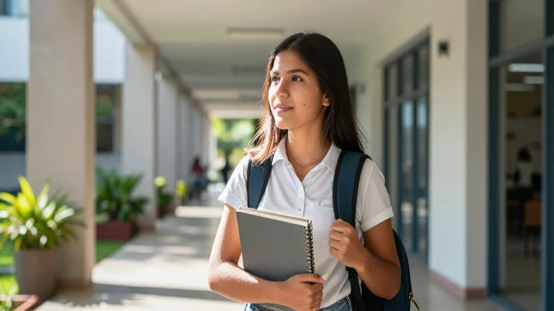 Estudiante mexicano brillante en campus moderno
