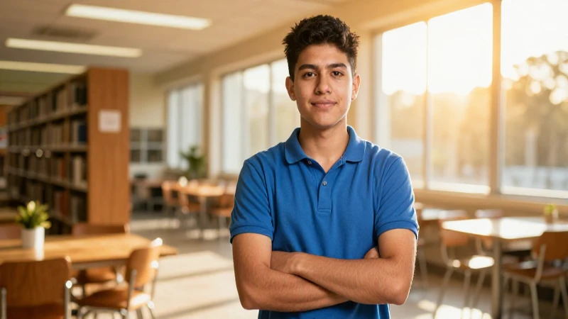 Estudiante mexicano exitoso en biblioteca iluminada