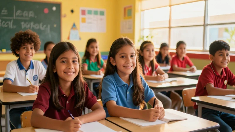 Niños mexicanos sonriendo en un salón vibrante