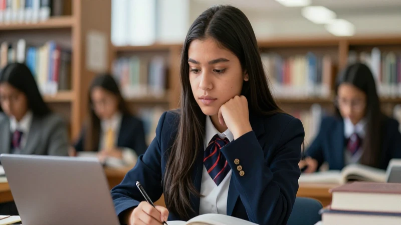 Joven mexicana estudia intensamente en la biblioteca