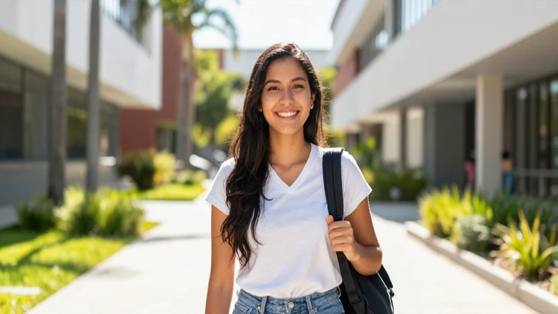 Estudiante mexicana sonríendo en campus iluminado