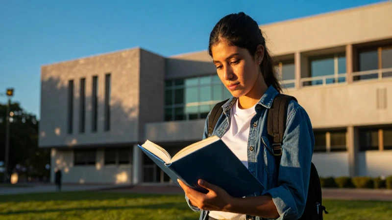 Estudiante mexicano brillante en campus moderno al atardecer