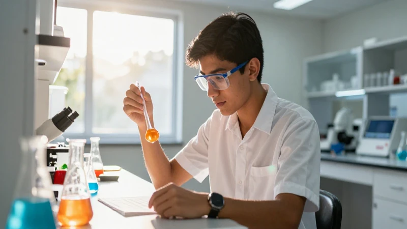 Estudiante mexicano en laboratorio bajo luz dramática