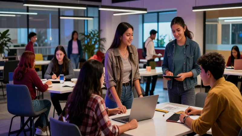 Estudiantes mexicanos colaborando dinámicamente en campus