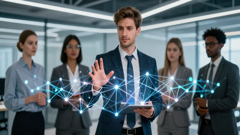 Profesional de tecnología interactúa con datos futuristas