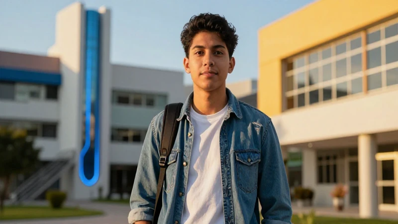 Joven mexicano universitario en campus futurista