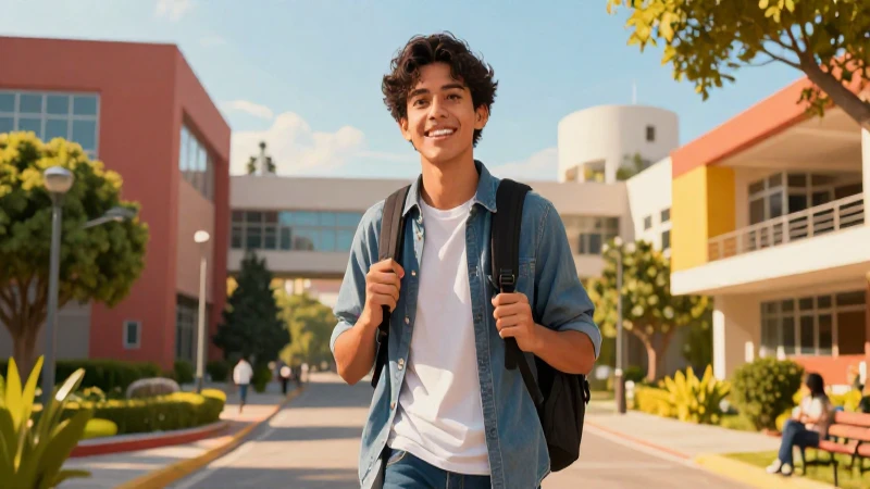Joven sonriente en campus moderno y vibrante