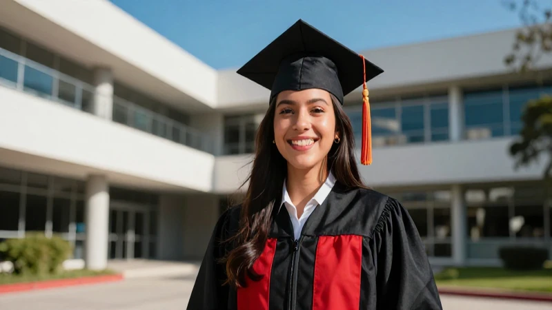 Estudiante mexicano feliz se gradúa en campus moderno