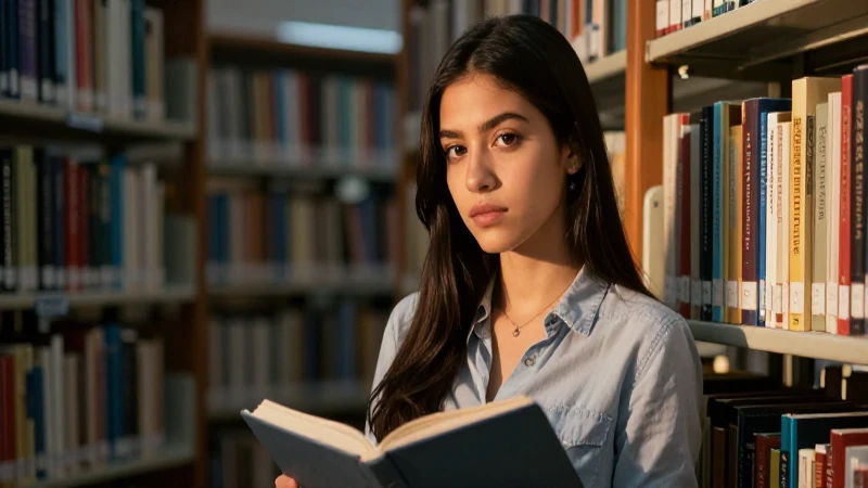 Estudiante mexicana en biblioteca, foco y determinación