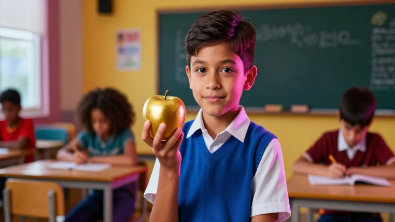 Estudiante mexicano con manzana dorada en aula