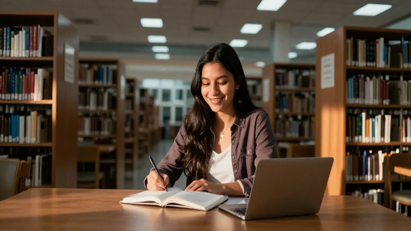 Estudiante vibrante en biblioteca tecnológica moderna