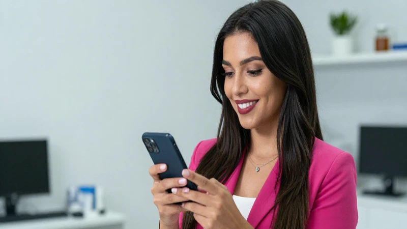 Mujer mexicana atractiva usa smartphone en clínica
