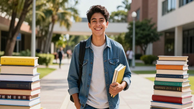 Estudiante mexicano sonriente en campus universitario moderno