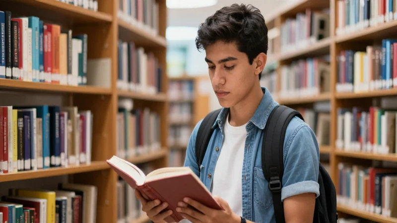 Joven estudiante mexicano en biblioteca moderna