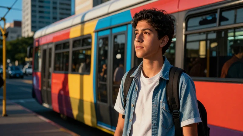 Estudiante mexicano en transporte moderno durante la hora dorada