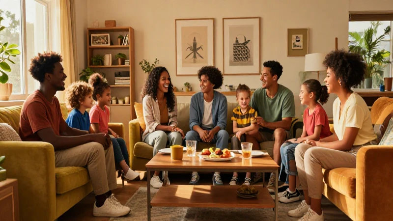 Familia feliz en ambiente cinemático y vibrante