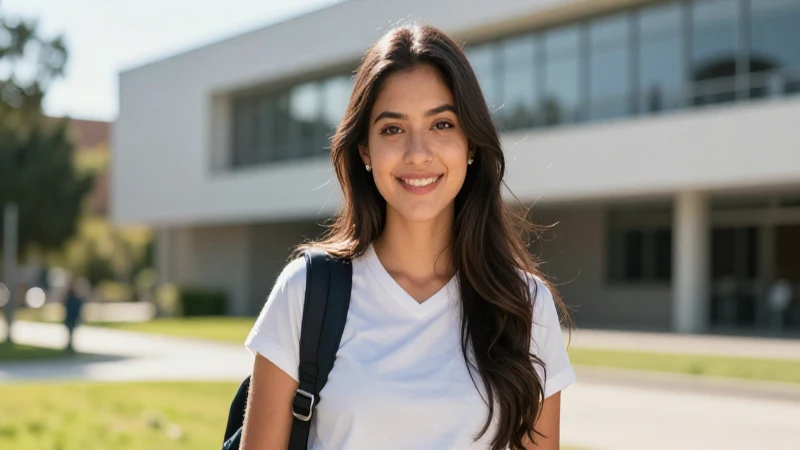 Estudiante mexicana en campus con estilo cinematográfico