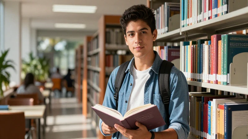 Joven estudiante mexicano en biblioteca con libro