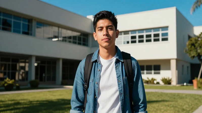 Estudiante mexicano exitoso en campus moderno