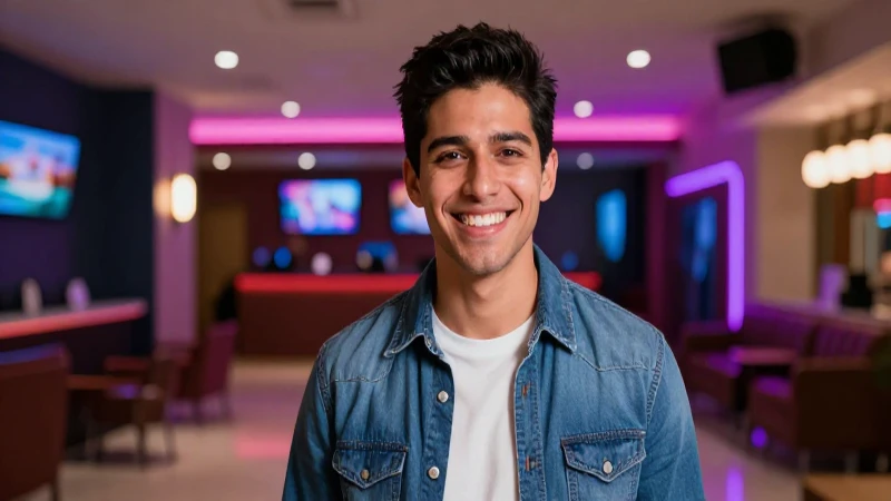 Joven mexicano sonríe en cine moderno y vibrante