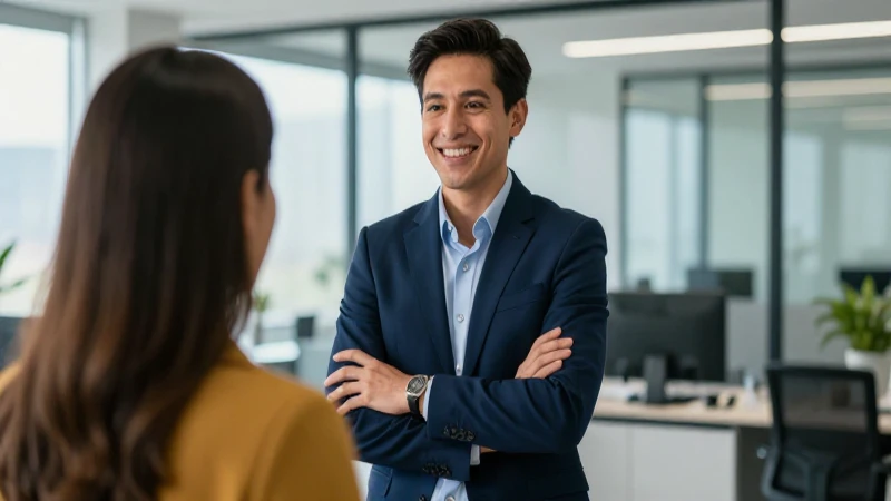 Joven profesional mexicano exitoso en oficina moderna
