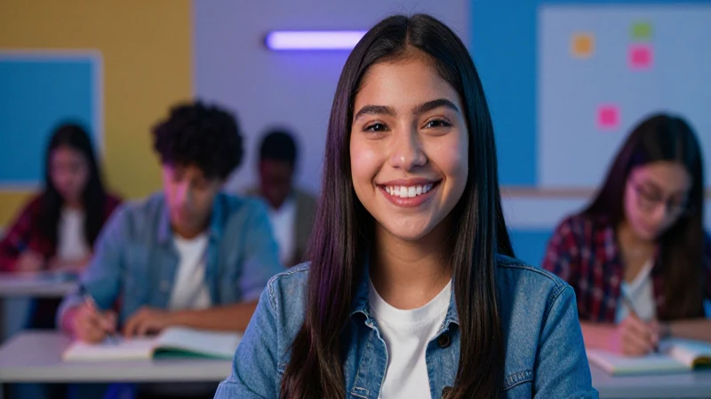 Estudiante mexicana sonriente en clase moderna