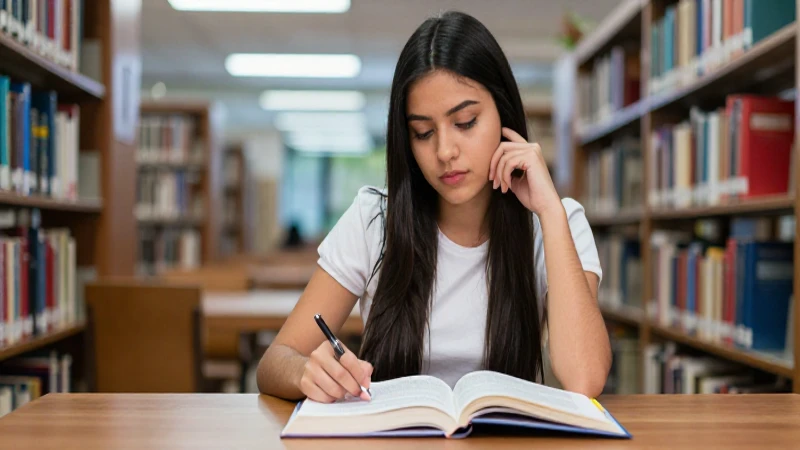 Estudiante mexicana estudiando en biblioteca moderna