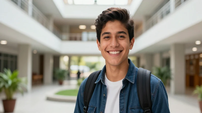 Estudiante mexicano sonriente en campus moderno