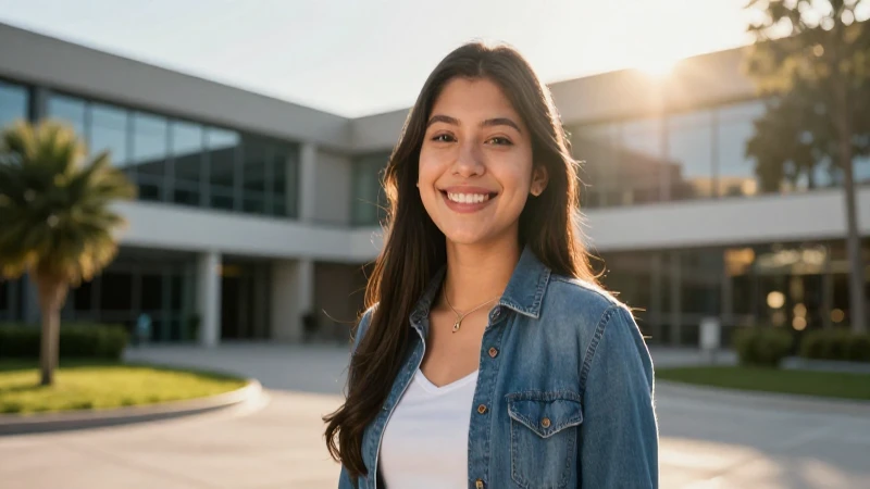 Estudiante sonriendo con campus moderno y luz dorada