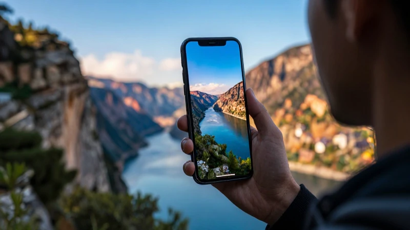 Viajero moderno y dramático con smartphone en un destino vibrante