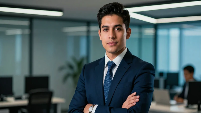 Joven profesional mexicano en oficina corporativa