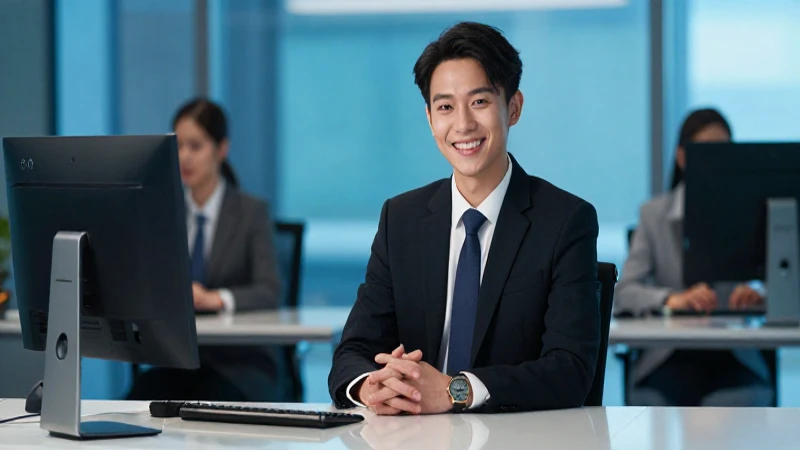 Joven profesional en escritorio moderno de oficina