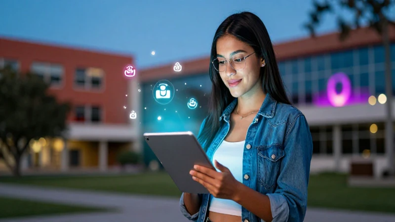 Estudiante mexicana usa tablet en campus moderno