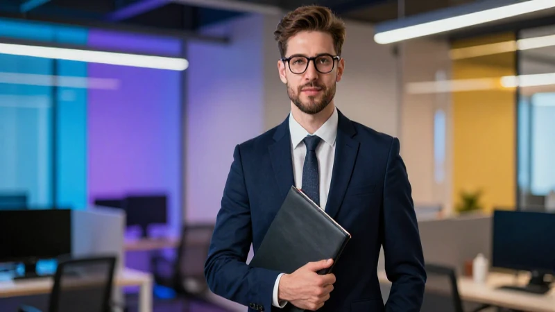 Joven profesional elegante con portafolio en oficina moderna