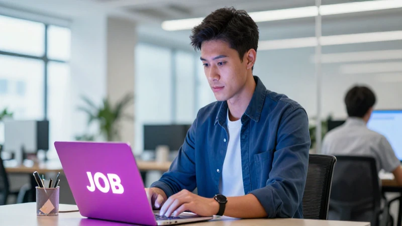 Joven profesional con laptop en espacio de coworking