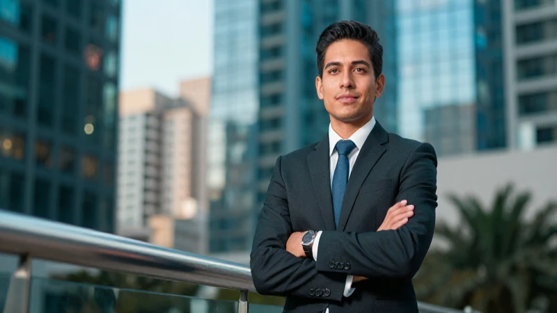 Joven profesional mexicano exitoso en retrato dinámico