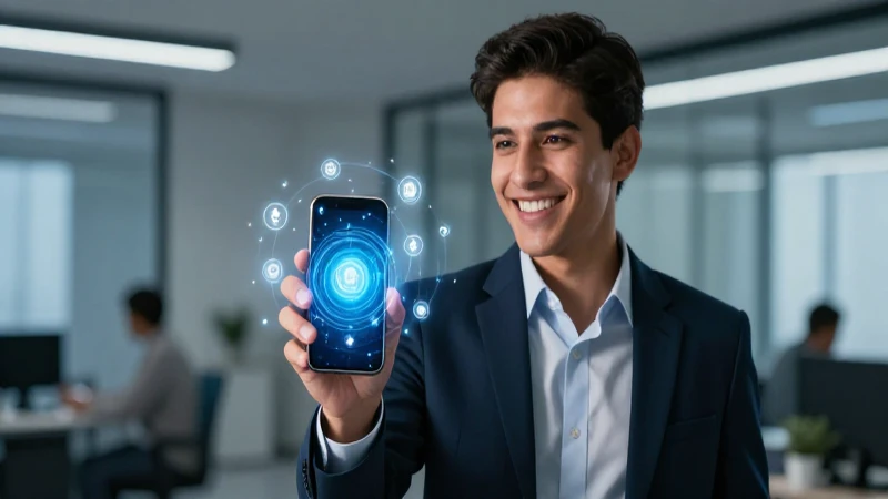 Joven profesional sostiene smartphone en oficina corporativa